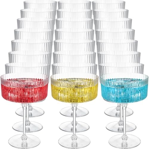 24 Pcs Ribbed Martini Glasses 10 oz Disposable Plastic Vintage Ribbed Coupe Glasses Cocktail Unbreakable Dessert Parfait Glassware for Wedding Birthday Party Supplies (Clear)