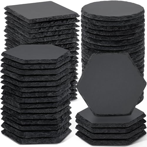 60 PCS Slate Coasters Bulk, MAPRIAL 4 Inch 20PCS Black Square, 20PCS Round, 20PCS Hexagon Handmade Stone Drink Coasters for Laser Engraving, Engravable Blanks Material for Engraver, Home Decor, Gifts