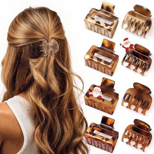 8 PCS Small Hair Clips for Women Girls, Square Medium Hair Claw Clips for Thin, Fine & Short Hair, Cute Non Slip Leopard Print Jaw Clips for Christmas Gifts, Ideal for Half Up Hair (Tortoise)