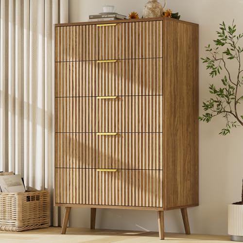 LYNSOM Fluted 5 Drawers Dresser, 45" Tall Modern Chest of Drawers with Curved Profile Design and Metal Handle, Wood Drawer Organizer for Bedroom, Living Room, Hallway, Entryway, Natural Oak