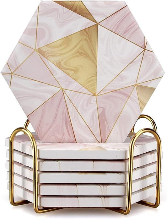 6 Pack Pink Marble Coasters with Holder Gold Absorbent Drink Unique Coaster Cute Ceramic Table Coaster Set Funny Kitchen Accessories Decorative Bar Coster Modern Coffee Table Decor Cup Coasters