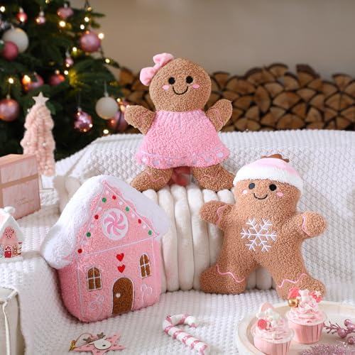 Konohan 3 Pcs Christmas Gingerbread Pillows House Man Throw Pillows Stuffed Gingerbread Shaped Pillow for Christmas Party Outdoor Cushion Decorations(Pink,Lovely Style)