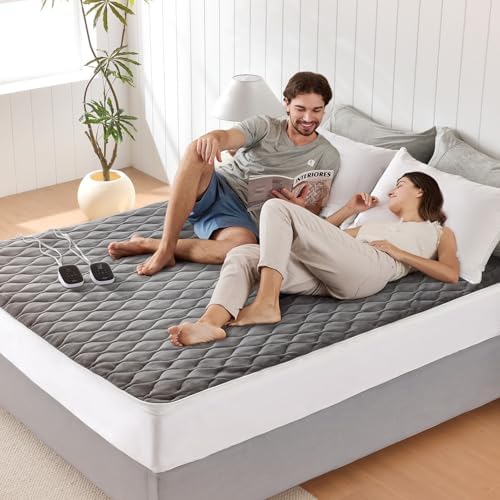 WOOMER Heated Mattress Pad King Dual Control - 78"x80" Electric Mattress Pad, 1-10 Heat Settings, 0.5-12H Auto Shut-Off, Removable Velvet Cover, 18" Deep Pocket, ETL Certified, Grey