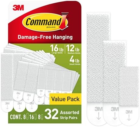Command Picture Hanging Strips Variety Pack, Damage Free Hanging Picture Hangers, No Tools Wall Hanging Strips for Living Spaces, White, 8 Small Pairs, 16 Medium Pairs and 8 Large Pairs(64 Strips)