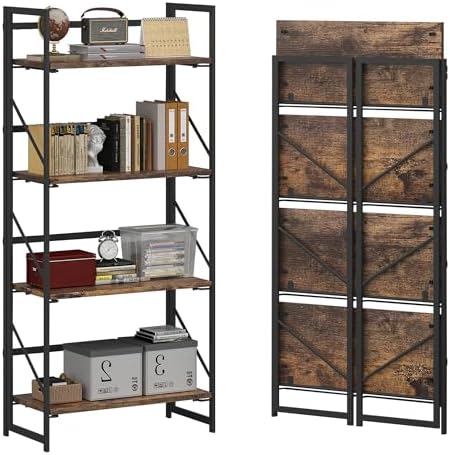 JSB No Assembly Folding Bookshelf, 4 Tier Industrial Metal Book Shelf for Storage, Vintage Wood Foldable Bookcase for Living Room, Bedroom, Office Organization Shelves