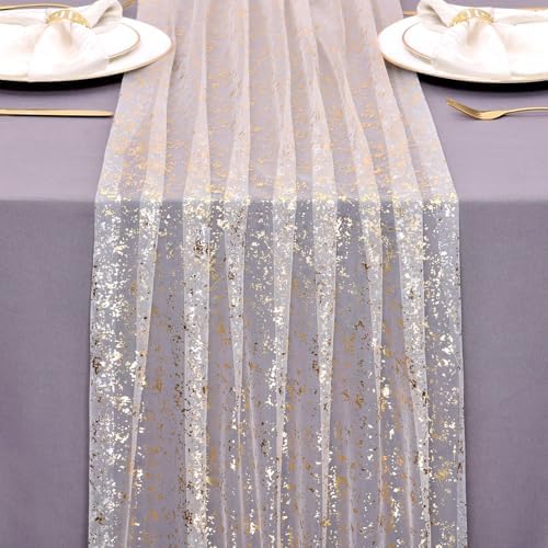 10FT Gold Gauze Table Runner Sheer Glitter Metallic Foil Tulle Table Runner 120 Inch Sequin Bridal Wedding Dining Centerpiece for Birthday Christmas Anniversary Home Decor for Party