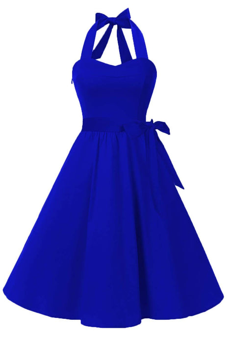 Topdress Women's Vintage Polka Audrey Dress 1950s Halter Retro Cocktail Dress Royal Blue 3XL