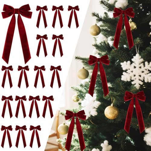 16Pcs Velvet Ribbon Bows for Christmas Tree, Vintage Rustic Small Craft Bows Ornaments for Garland Wreath Gift Wrapping Candy Bags Party DIY Decorations (Burgundy, 5" x 10", Width of 1")
