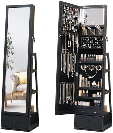 Full Length Mirror Jewelry Cabinet Standing With Built-In Mirror - 63.7”H Jewelry Armoire With Mirror & 3 Drawers, Lockable Storage Mirror With 3 Storage Racks Christmas Gift (Black)