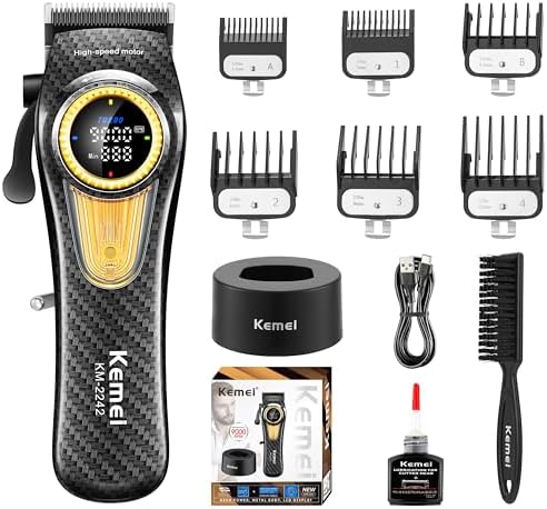 KEMEI 2242 Professional Hair Clippers for Men, Cordless Barber Clipper with LED Display & Charging Base, Hair Cutting Tools, 9000 RPM Super Torque Motor, Black