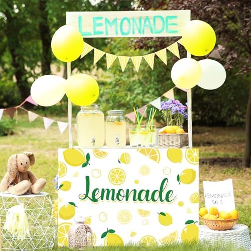 2Pcs Lemonade Stand Kit for Lemonade Stand Supplies 45.3x31.5in Lemonade Tablecloth Yellow Hanging Banner Lemon Business Sign for Table Summer Beach Birthday Party Decor Outdoor