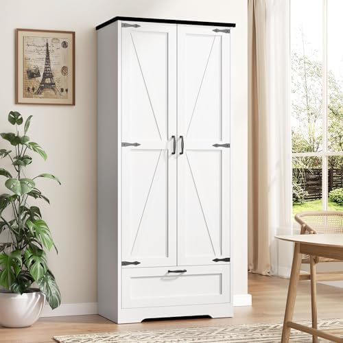 Vongrasig Kitchen Pantry Storage Cabinet with Barn Doors, Drawer and Adjustable Shelves, 4-Tier Tall Rustic Wood Cupboard Locker for Kitchen, Dining Room, Living Room, Bathroom, White
