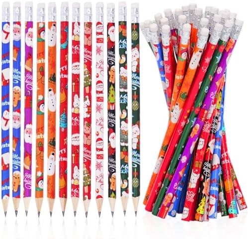 48 Pcs Christmas Pencils with Eraser, Xmas Wood Pencils Bulk for Christmas Party Favors School Classroom Supplies(12 Styles)