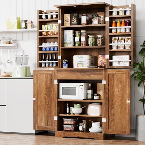 Vongrasig Kitchen Pantry Storage Cabinet with Barn Doors, Drawer and Adjustable Shelves, 6-Tier Tall Rustic Wood Cupboard Locker for Kitchen, Dining Room, Living Room, Bathroom, Rustic Brown