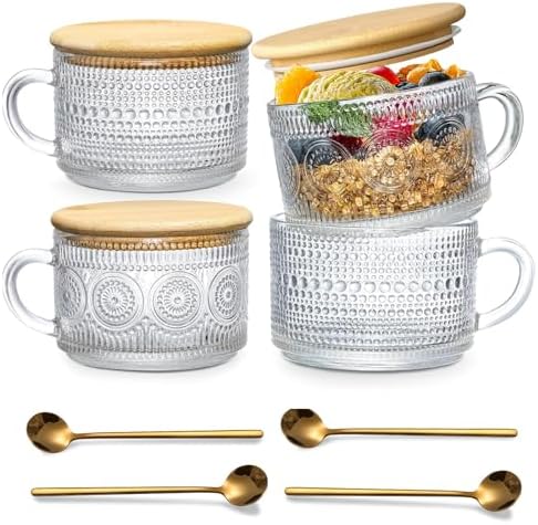 4pcs Vintage Glass Coffee Mugs Cups, Overnight Oats Containers Glass Cups Mugs with Bamboo Lids and Spoons - 14oz Clear Embossed Glass Cups, Cute Iced Coffee Glasses Gifts for women