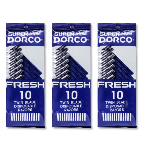 Dorco Fresh Twin Blade Disposable Razors for Men (30 Counts) – Smooth & Comfortable Shave for Men and Women, Non-Slip Handle, Ideal for Sensitive Skin & Travel