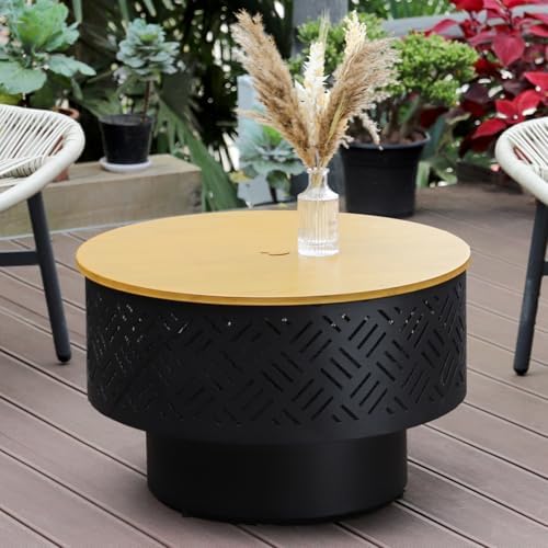 26" Wood Burning Fire Pits with Grill & Lid, Fire Pit Table for Outside with Waterproof Cover & Fire Poker, Outdoor Firepit with Functions for BBQ,Table and Bonfire