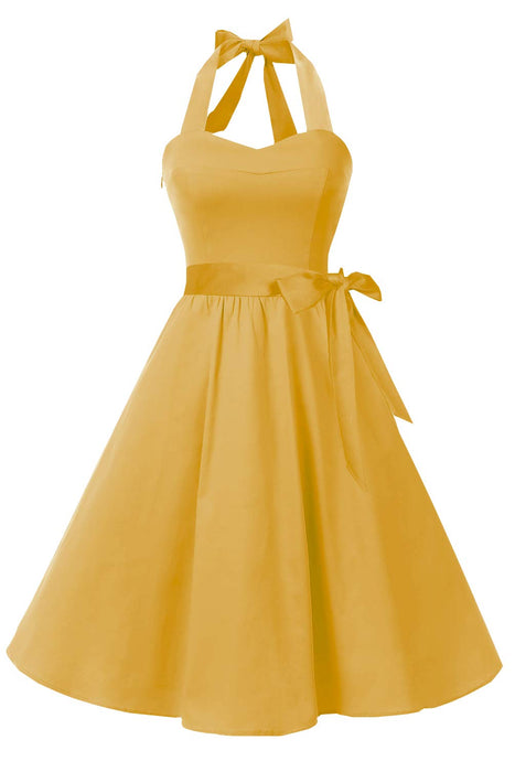 Topdress Women's Vintage Polka Audrey Dress 1950s Halter Retro Cocktail Dress Mustard Gold 3XL New