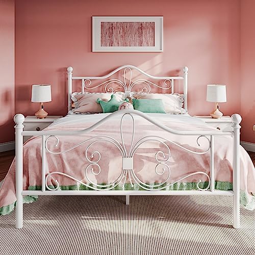 SHA CERLIN Full Size Bed Frame with Headboard,Metal Bed Frame with Butterfly Pattern Design Headboard & Footboard,No Box Spring Needed,Easy Assembly,White