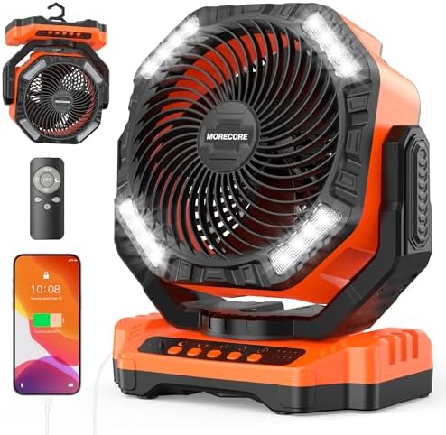 MORECORE 40000mAh Battery Operated Camping Fan with Light, 120HRS Running, Powerful 4 Speeds & Auto Oscillating, with Timer & Hook, for Travel Tent RV Emergency Hurricane Jobsite Garage-Orange