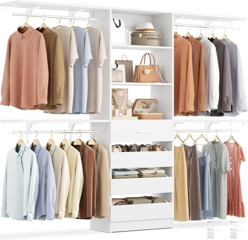 Aheaplus Closet System with 4 Drawers, 8FT Wood Closet Organizer System, 96’’ Closets Built In System Tower with Shelves, Walk-in Closets Wardrobe Clothes Garment Rack, Fits Spaces 4-9 ft, White