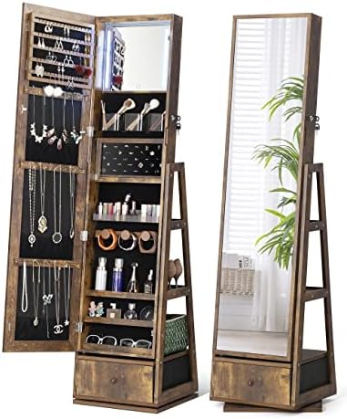 Nicetree 360° Swivel Jewelry Cabinet with Lights, Touch Screen Vanity Mirror, Rotatable Full Length Mirror with Jewelry Storage, Standing Jewelry Armoire Organizer, Christmas Gifts, Rustic Brown