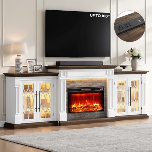 104" LED Fireplace TV Stand with Outlet for TVs Up to 100 Inch, Electric Fireplace with Mantel,Entertainment Center with Storage, 30'' Fireplace Heater Insert with 3D Flame Effect for Living Room