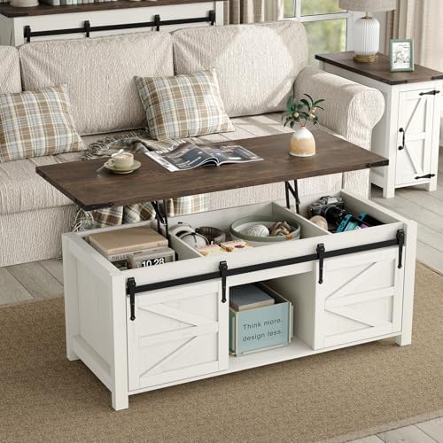 47.3'' Lift Top Coffee Table with Storage, Modern White Coffee Table with Sliding Barn Doors, Farmhouse & Rustic Rectangle Center Table for Living Room, Office, Brown Top