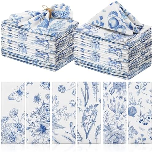 Cloth Napkins 15 x 15 Inch Reusable Soft Fabric Napkins Washable Plants Floral Square Napkin Cotton Dinner Towel Decorative for Summer Fall Party(Blue White Flower,24 Pcs)