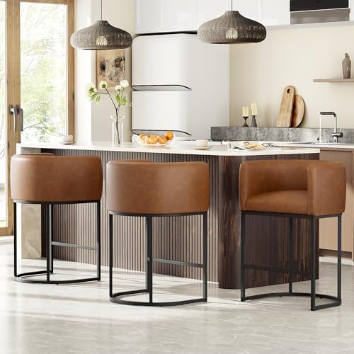 26" H Counter Height Bar Stools Set of 3, Modern Barrel Counter Stools with Backrest and Arms, Faux Leather Upholstered Accent Barstools for Kitchen Island,Support 450 LBS（Walnut Brown）