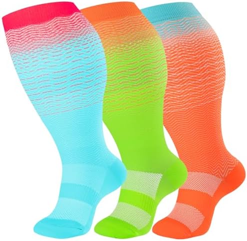bropite 3 Pairs Plus Size Compression Socks Extra Wide Calf Women&Men 20-30mmHg Support Dancing Cycling Running Climbing