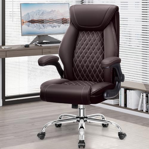 Office Chair, Ergonomic High Back Home Office Desk Chair, Big and Tall Breathable Leather Office Chair with Lumbar Support Flip-Up Armrests, Computer Chair with Rocking Function