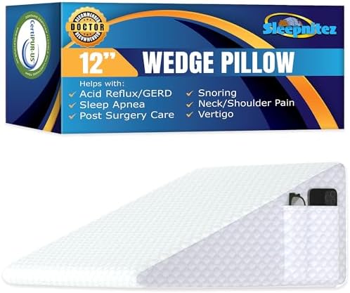 12" Bed Wedge Pillow for Sleeping After Surgery, Back Support, Leg Elevation, GERD Acid Reflux, Neck Pain Relief, Sleep Apnea, Snoring, Cooling 3.0" Memory Foam Top Triangle Incline Wedge