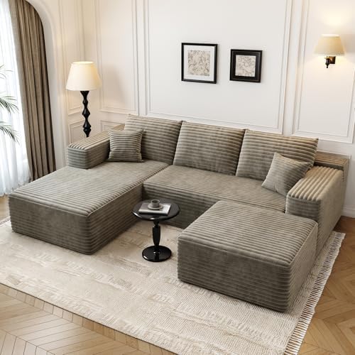 107.5" Cloud Modular Sectional Couch with 1 Ottoman,Modern Minimalist Upholstered Couches, Comfort U Shaped Sofa for Living Room,Deep Seat Corner Couch，No Assembly Required (Camel,Left Facing Chaise)