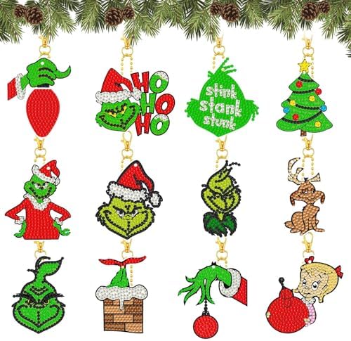 Demonwer 12 Pcs Christmas Diamond Painting Keychains Kit Double Sided DIY Cute Christmas Diamond Painting Keychains for Beginners Adults Art Craft Supplies Christmas Holiday Gift