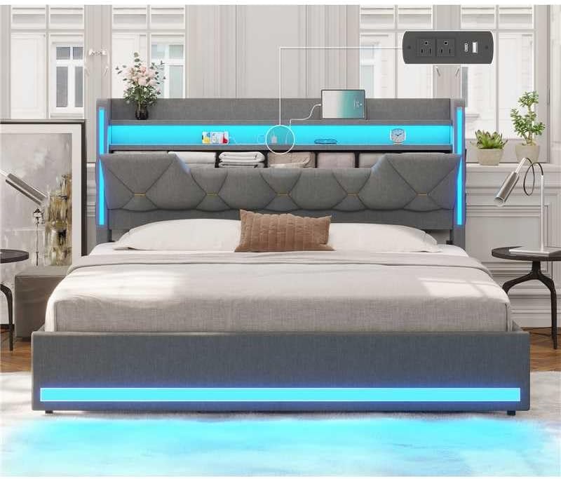 Queen Bed Frame with Storage Headboard, Metal Bed Frame with LED Lights & Charging Station, Upholstered Queen Bed with Marshmallow Headboard, No Box Spring Needed, Easy Assembly，Dark Gray