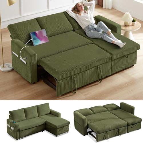 Vipbear 81" Sleeper Sofa Bed with Pull Out Bed, L Shaped Couch Sectional Sleeper Sofa, Pull Out Couch with Reclining Backrest, Reversible Storage Chaise, USB Ports, Tool-Free Assembly, Corduroy Green