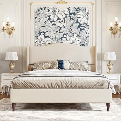 koorlian Full Size Bed Frame Upholstered Platform Bed with 51" Tall Headboard Wingback, Soft Fabric, Retro Simple Style Platform Bed No Box Spring Needed, Easy Assembly, Beige