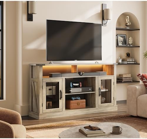 WLIVE Farmhouse TV Stand for 65 Inch TV, Tall Entertainment Center with LED Lights & Storage Cabinets, TV Media Console Table with Adjustable Shelf for Living Room, Bedroom, Home Theater, Gray Oak