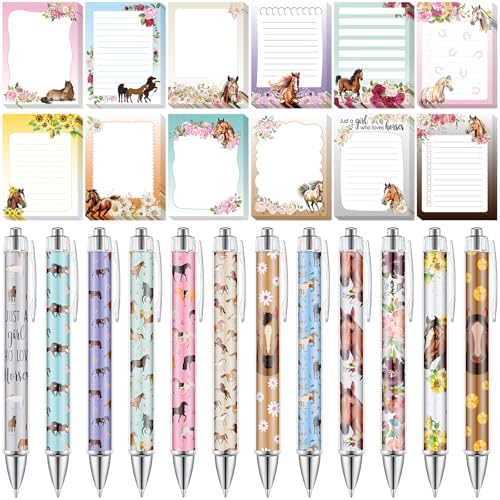 24 Pcs Horse Sticky Notes with Pens Themed Party Favors Gifts Cute Notepad Memo Notes Pads Black Ink Ballpoint Pen for Horse Lover Christmas Gifts Office School Students Teacher Supplies