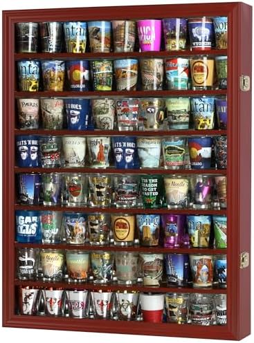 Shot Glass Display Case Solid Wood Wall Shot Glass Cabinet Rack Holder Lockable with UV Protection Acrylic Glass Door Shot Glass Collection Display Cabinet Mirror Back (Cherry Finish)