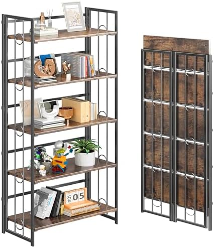 4NM No Assembly 5 Tiers Folding Bookshelf, 59.4" H Foldable Storage Shelves Vintage Bookcase Standing Racks Study Organizer Home Office - Rustic Brown Black