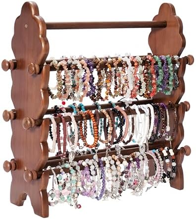 Two-Sided Wooden Jewelry Bracelet Holder Display Stand with 6 Removable Holders - 3 Tier Bar Bangle Organizer Perfect for Organizing and Showcasing Bracelets, Watches, and Accessories