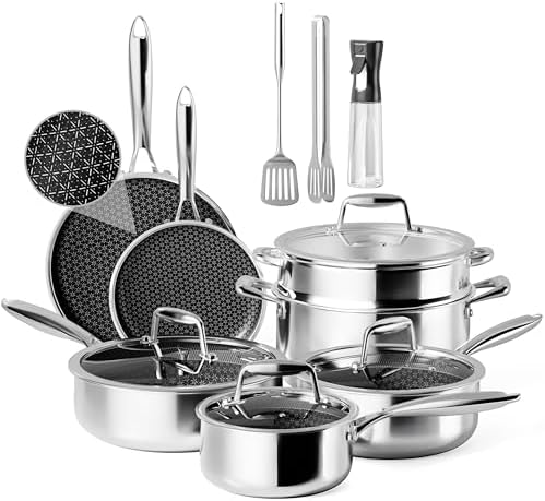 VONIKI Hybrid Tri-ply Stainless Steel Cookware Set, Pots And Pans Set Non Stick with Steamer Basket, Non Toxic Induction Cookware, Kitchen Cookware Sets PFOA & PTFE Free, Dishwasher and Oven Safe