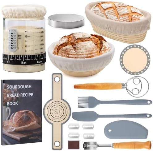 Sourdough Starter Kit, Sourdough Bread Baking Supplies, 40oz Sourdough Starter Jar, 9" Round & 10"Oval Rattan Banneton Bread Proofing Baskets Set, Bread baking tools,Silicone bread Sling