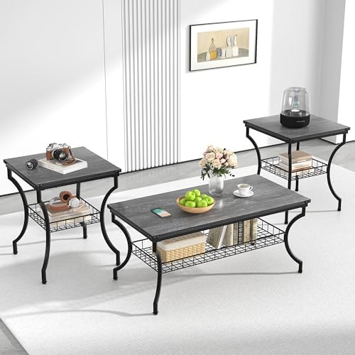 VECELO 3 Pieces Living Room Table Sets, Coffee and End Tables with Open Storage Shelves for Apartment, Home Office, Small Space, Easy Assembly, Dark Grey