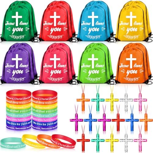 48 Pcs Bible Verse Party Favors Includes 16 Jesus Loves You Drawstring Backpack 16 Bible Verse Bracelets 16 Cross Necklaces for Christmas Shoebox Gift Easter Vacation Bible School