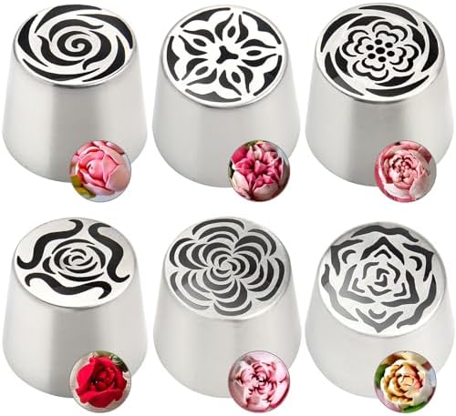 6Pack Extra Large Flower Russian Piping Tips Set, Stainless Steel Rose Tulip Icing Tips For Cake Decorating, Floral Piping Tips Flower Bouquet For Cookies Desserts Baking Tool(XXL,6A)