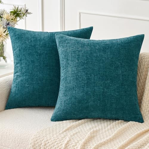 MIULEE Pack of 2 Dark Teal Throw Pillow Covers 18x18 Inch Soft Chenille Pillow Covers for Sofa Living Room Couch Solid Dyed Cases