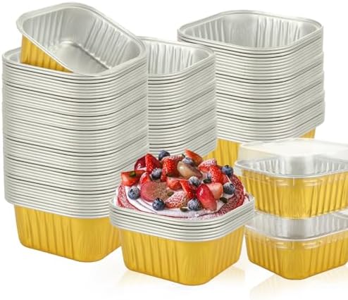 100 PCS 5 oz Mini Square Baking Cups with Lids, Aluminum Foil Cupcake Cups Mini Cake Pans with Lids, Disposable Ramekins Cake Pans Small Loaf Pans Cake Tins for Cheesecake Muffin Puddings, Gold